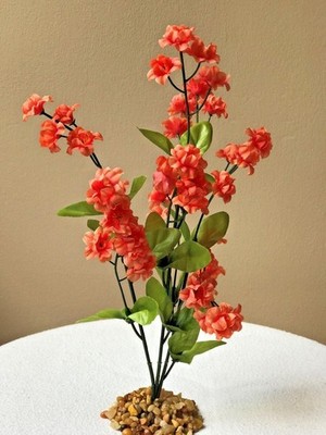 11 in.  Coral Lt. ORANGE soft silk FLOWER plant with stone base, Goldfish & Bett