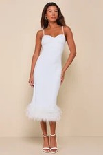 Lulus Passion For Glamour Sleeveless Bustier Feather Midi Dress White S