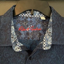 Robert Graham XL Short Sleeve Button Down Shirt Blue Damask Flip Cuff Mens