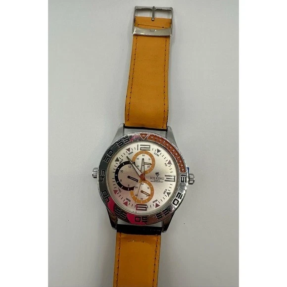 Reloj cronógrafo Ice King para hombre esfera amarilla tono plateado bisel correa negra Foto 3 de 4