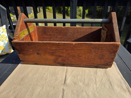 Antique vintage wooden tool box/caddy/carrier with metal handle vintage 18” long - Picture 2 of 8