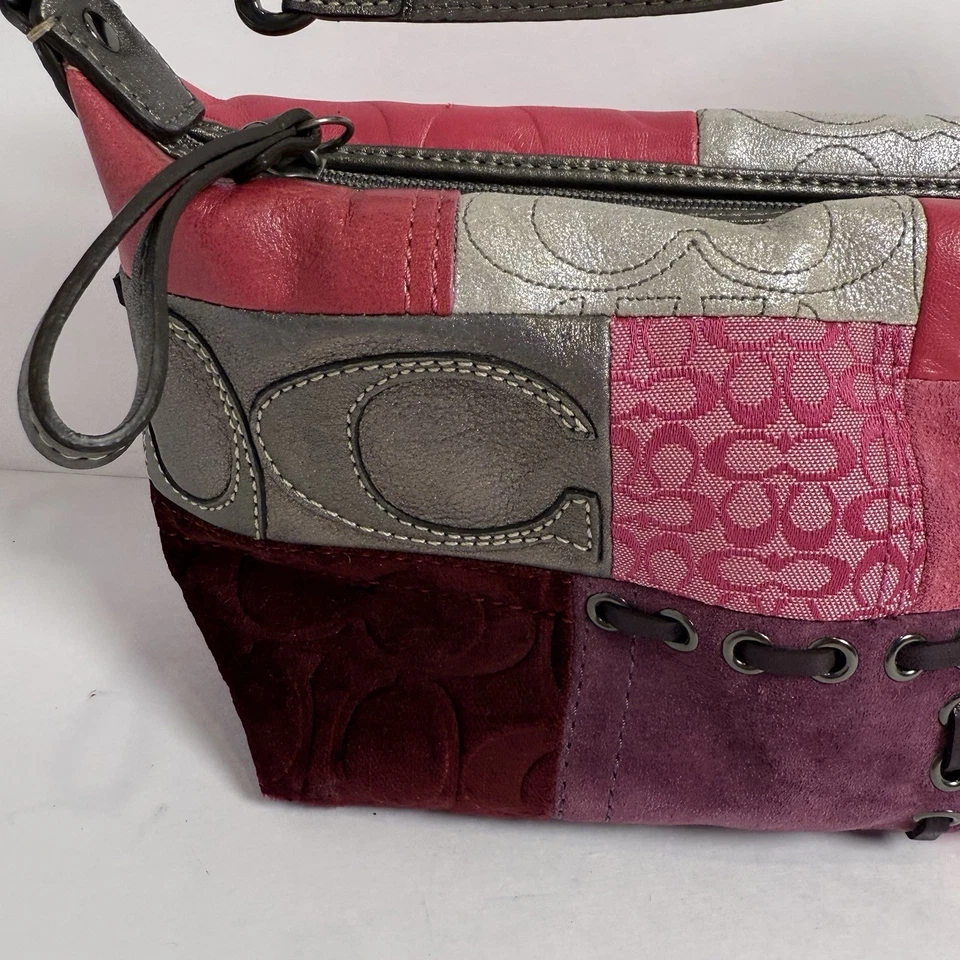Bolso de Hombro Coach Signature Patchwork Rosa Y2K Cuero Lona Gamuza Foto 3 de 4