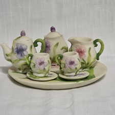 Miniature Floral Tea Set Hand Painted Ceramic Dollhouse 9 Pc Tray Set
