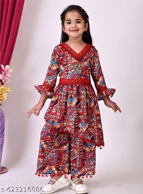 Girls Blue Printed Layered Kurta with Palazzo Set  Traditional Ethnic Wear  | eBay