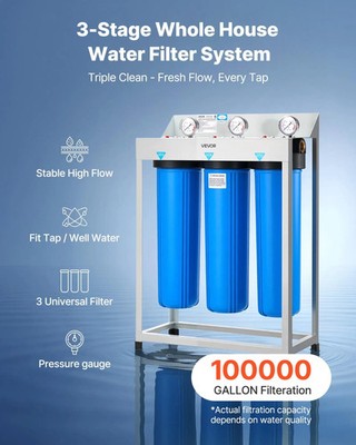 Whole House Water Filter System, 3-Stage | Sediment, KDF, CTO | 4.5'' x 20'' Home