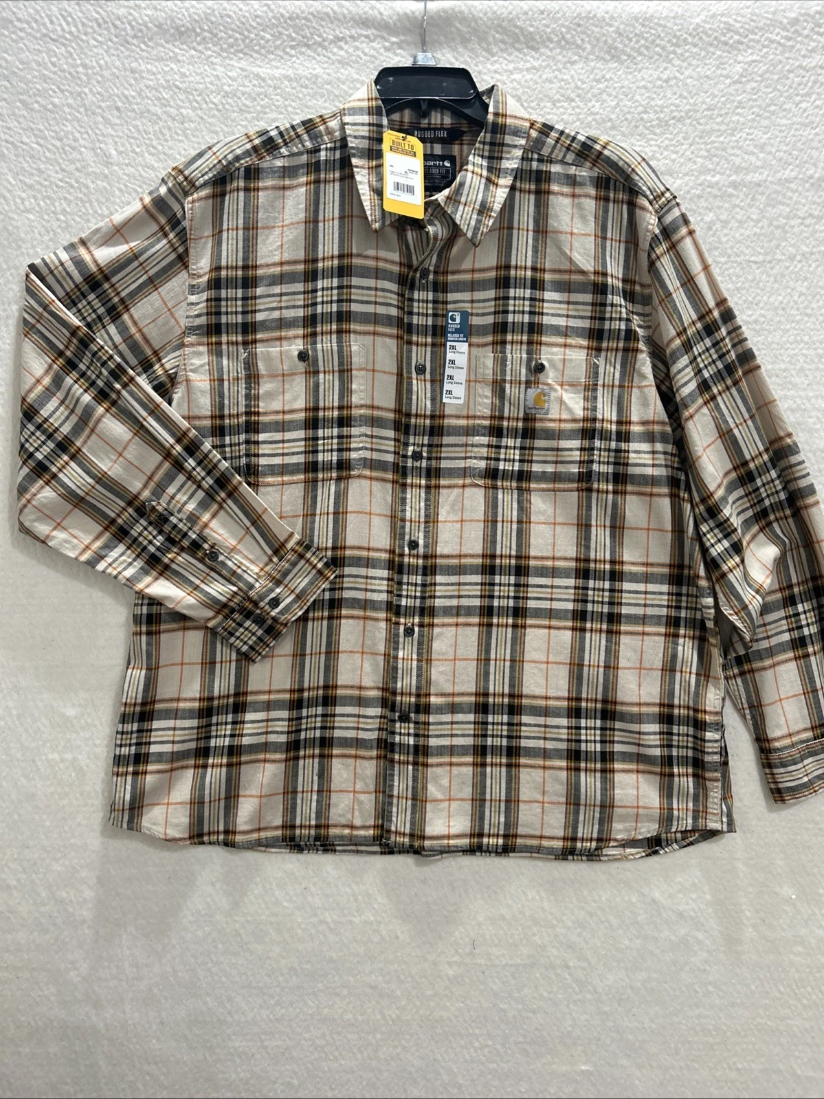 Carhartt Men's Rugged Flex Relaxed Fit Lightweight Long Plaid Shirt Cream/Orang