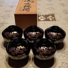 Aizu Lacquer Soup Bowls With Lids Set of 5 Clematis Design