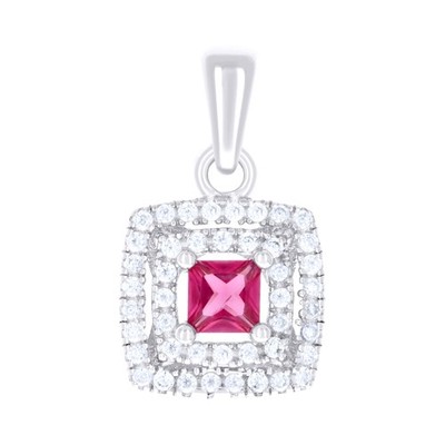 925 Sterling Silver Wo Red White Princess-Cut RND Cubic-Zirconia Square Pendant