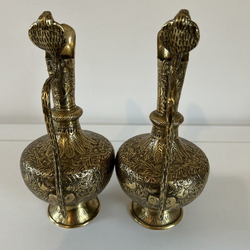 Pair Vintage Cobra Head Brass Pitchers/Jugs/Bud Vases, Engraved - Picture 5 of 11
