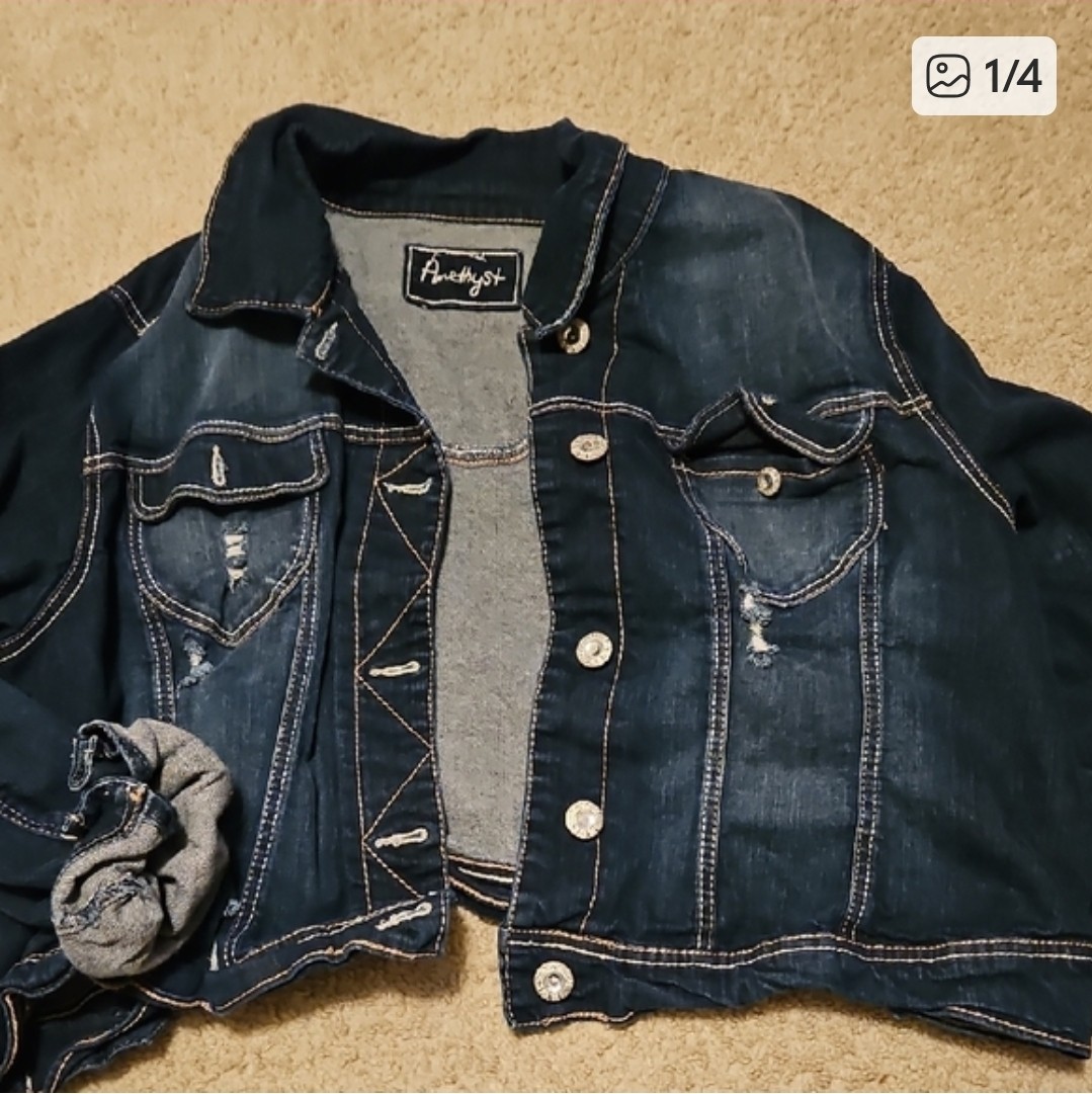 Amethyst Distressed Denim Jacket Dark Blue Women's Plus 3X Button Closure