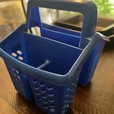 Blue plastic table utensils holder 4 compartments with handle 6.5 HX6.5 w X5.5"
