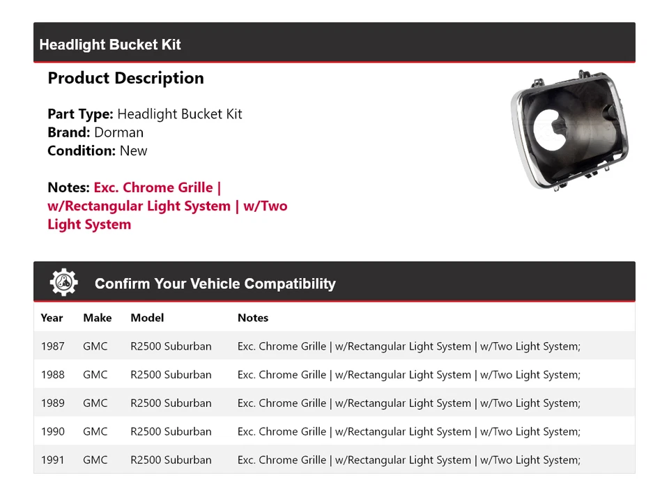 Kit de canastilla de faros para GMC R2500 Suburban Dorman 1987-1991 1988 1989 1990 Foto 2 de 4