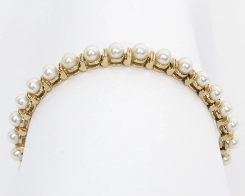 SOLID 14k YELLOW GOLD PEARL TENNIS BRACELET 7", for 6-3/4" wrist or smaller - Image 3 of 4