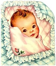 Set of TWO 5x7 Vintage Retro TUCKED IN COZY Baby in Blanket Cotton Fabric Blocks