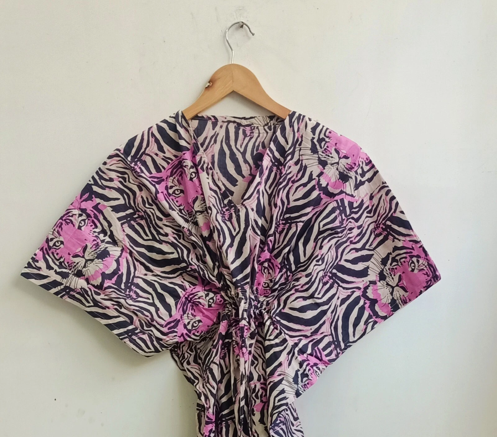 Indian Purple Large Tiger Face Cotton Kaftan Women Clothing Night Maxi Kaftan US