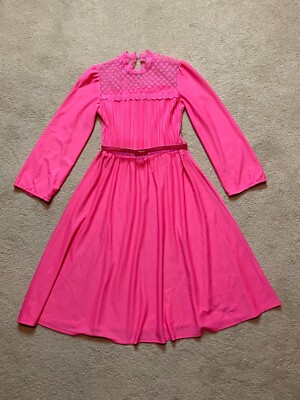 pink 70s disco dress Vintage 70s Disco Coral Pink Long Sleeve Lace Yoke A-Line Midi Teadress  Dress M