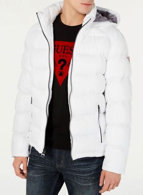 $226 Guess Men's White Full Zip Up Hooded Casual Winter Warm