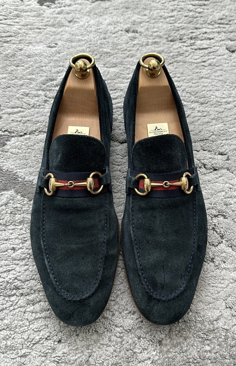 Authentic Gucci Web Gold Horsebit Blue Suede Mens Loafer US9  display picture 3