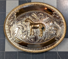 Vintage Justin Silver Mexico Large Horse Western Belt Buckle Gold Silver Tone