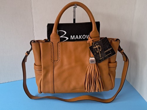 B Makowsky Caramel Leather Charisse Satchel/Shoulder Bag w/Tassel + Dust Bag NWT - Picture 1 of 16