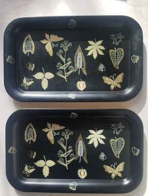Two Metal Snack Trays Mid Century MCM 1960s Vintage  Butterfly Leaf Black Gold