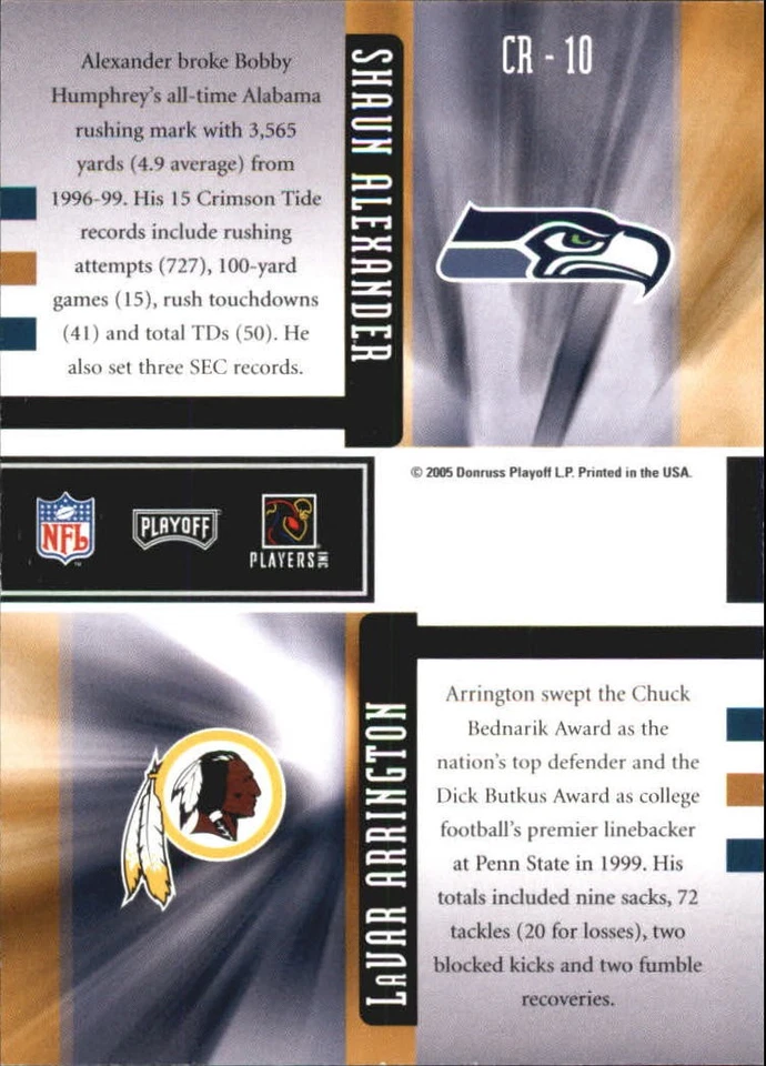 2005 Playoff Honors Class Reunion #CR10 Shaun Alexander/LaVar Arrington - FB - Image 2 of 2