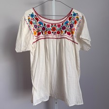 White Embroidered Mexican Blouse Tunic Top Folk Art Floral Boho sz S Oaxacan