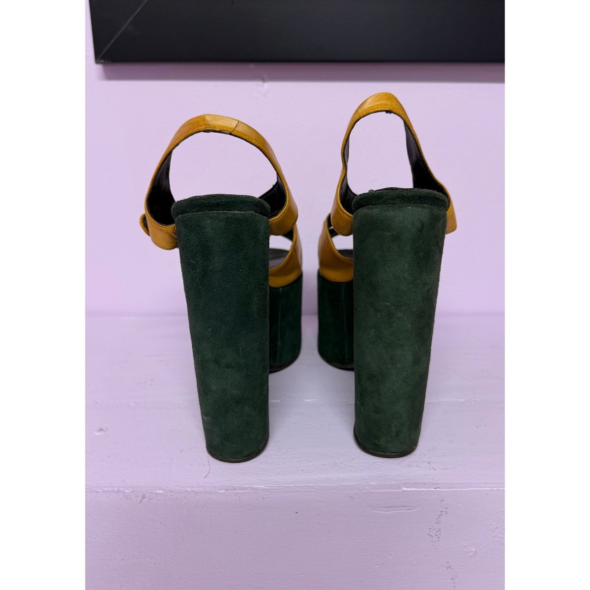 Vintage SKO-UNO Spain Mustard Yellow & Forest Green Platform Sandals Size 7.5 View 3