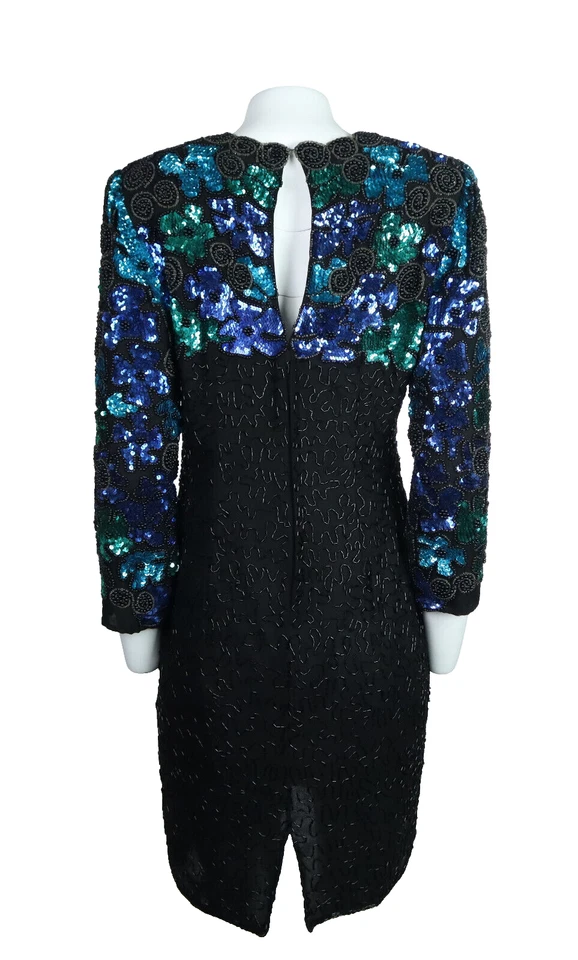 Vtg LA SCALA US Women’s PM MP Black Silk Beaded Evening Party Dress Open Front - Image 3 of 4