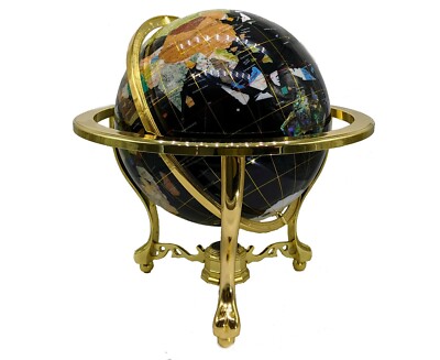 Unique 21'' Tall Black Ocean Tripod Gold Leg table Gem Gemstone World Map Globe 