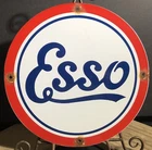 VINTAGE ESSO GASOLINE GAS OIL PUMP PLATE 11.75“  PORCELAIN ADVERTISING SIGN