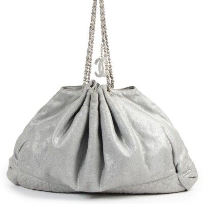 AUTH CHANEL MELROSE DRAWSTRING SILVER METASLLIC JERSEY CC LOGO