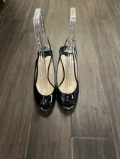 Jimmy Choo Nova 100 Slingback Peep Platform Pumps Patent Leather Black Size 38.5