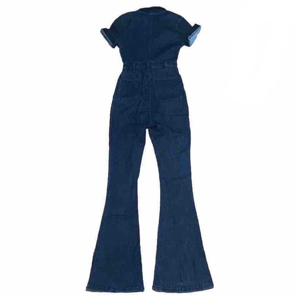 We Wore What Dark Wash Flare Denim Jumpsuit 70's Boho Zip Up