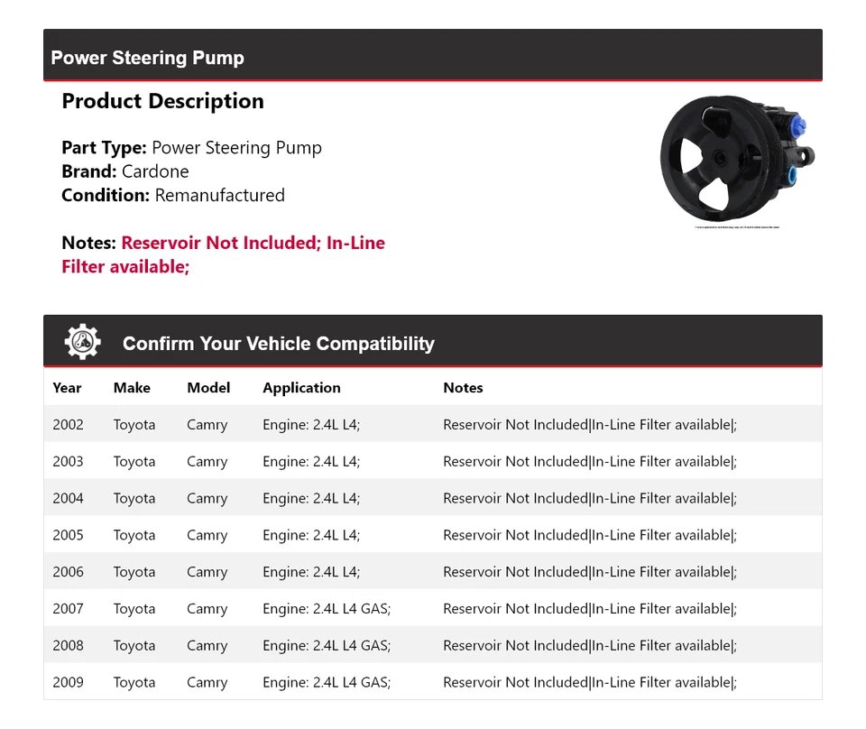 Bomba de dirección asistida Cardone 2003 2004 2005 2006 2007 para Toyota Camry 2002-2009 Foto 2 de 4
