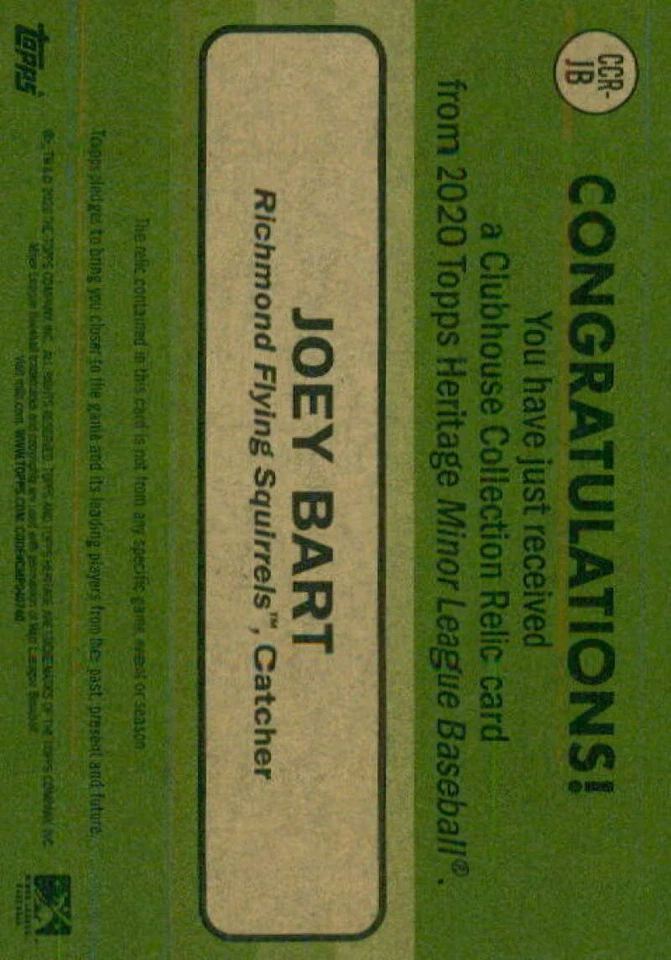 2020 Topps Heritage Minors Relic Blue Joey Bart RC Rookie Jersey 18/99 - Image 2 of 2