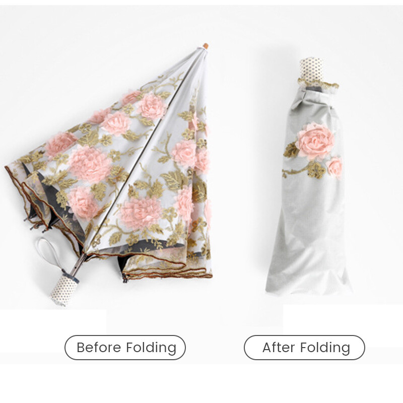 Embroidery Flower Lace Umbrella Parasol 2/3 Folding Sunshade Anti