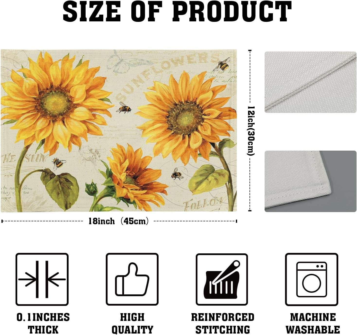 Vintage Sunflower Placemats Set of 4 Yellow Grunge Flower Farmhouse