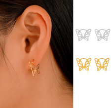 A Pair Silver Gold Huggie Hoop Earrings Hollow Butterfly Pierced Women Gift H9