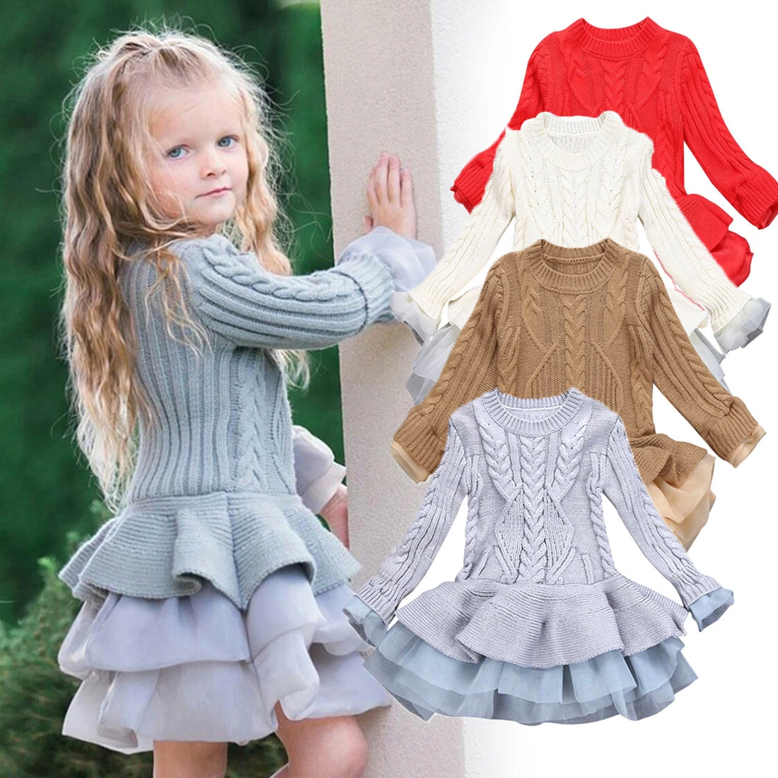 Kids Baby Girls Knitted Sweater Winter Pullovers Crochet Tutu Dress Tops  Clothes