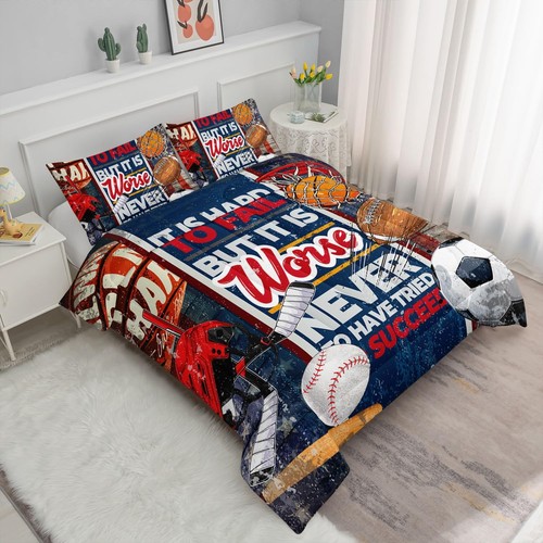 Kids Comforter Set Football Baseball Printed Pattern Bedding Set with 1 Comfo... - Picture 2 of 5
