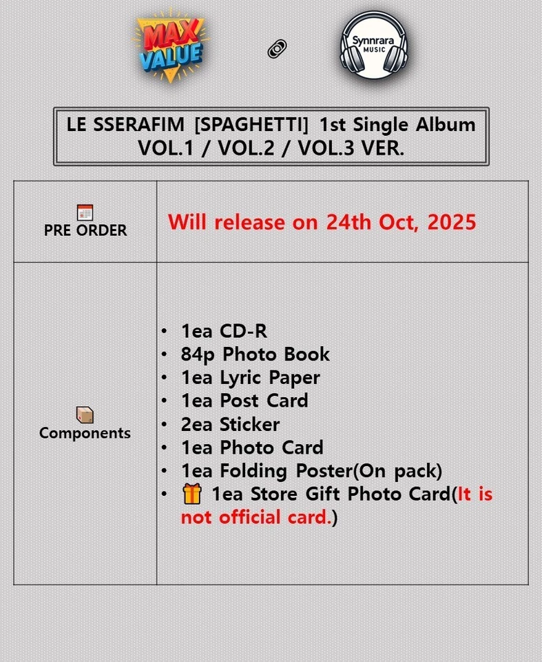 LE SSERAFIM SPAGHETTI 1st Single Album CD+Photo Book+2Sticker+2 Card+Poster+GIFT - Image 2 of 4