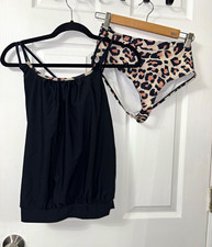 beachsissi 2PC Tankini Set Lined Adjustable Spaghetti Strap Leopard Bottom L