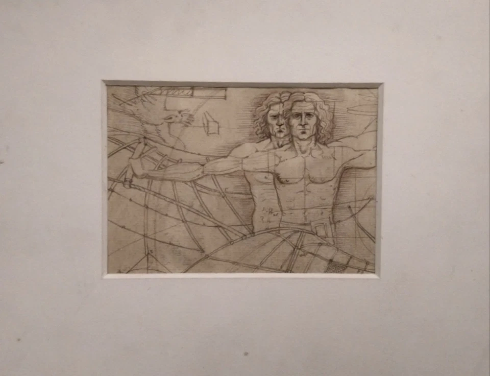 Hombre y mecanismo de Vitruvio Códice Leonardo da Vinci ORIGINAL dibujo a tinta Foto 3 de 4