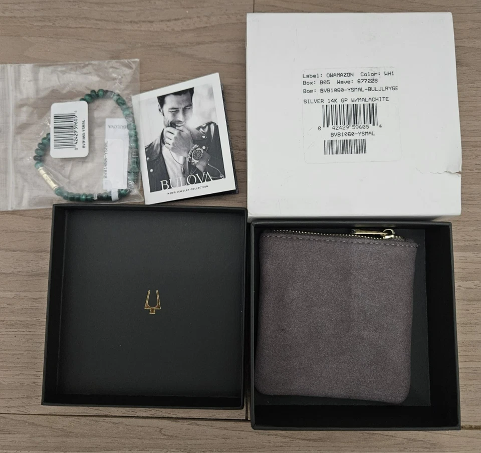 Pulsera BULOVA Hombre 8.5 pulgadas Malaquita Piedra, BVB1060-YSMAL - Oro Verde NEGRO - NUEVO Foto 3 de 4