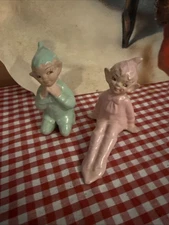 2 Vtg Gilner Pottery Elves Pixies- Pink Sitting & Aqua Blue Kneeling Rare Colors