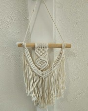 Small Macrame Wall Hanging Woven Cotton Tapestry Boho Decor Wooden Dowel Cream