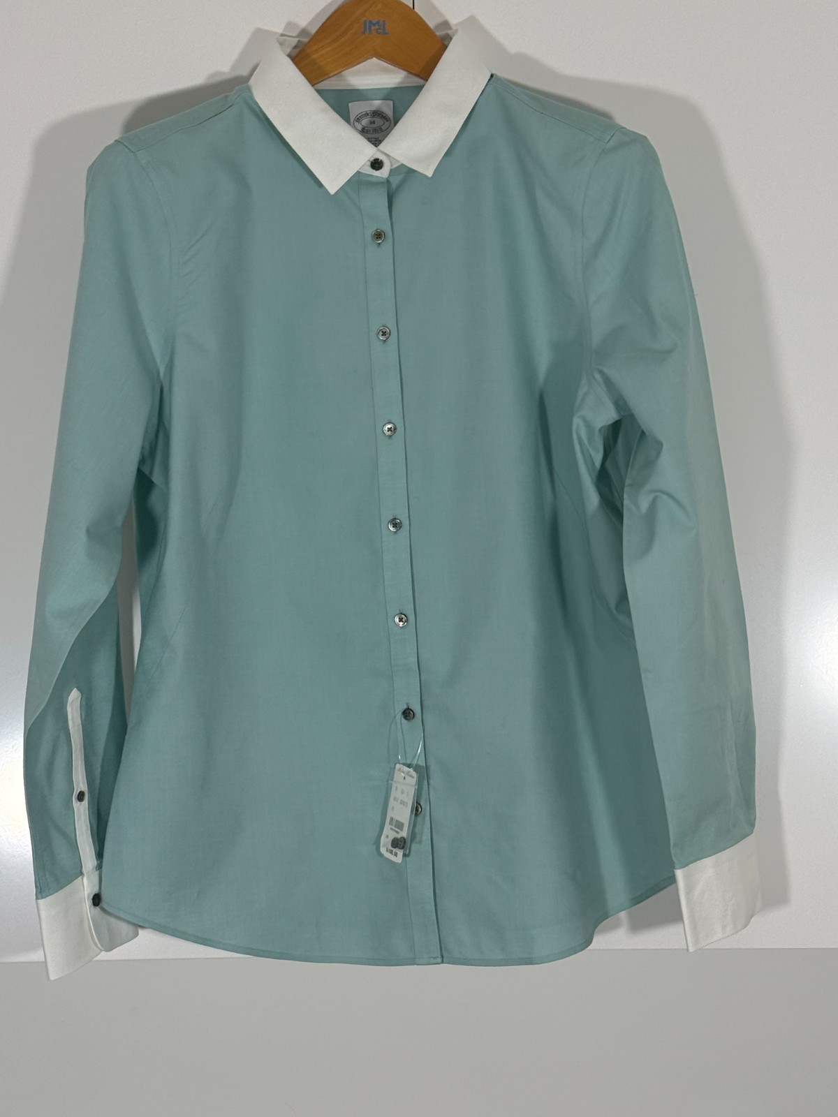 Brooks Brothers Womens Shirt 14 Seafoam Contrast Collar Cotton NWT Orig $108