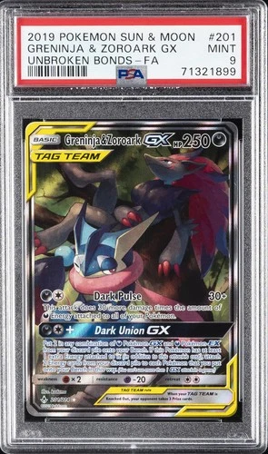 2019 POKEMON SUN & MOON UNBROKEN BONDS #201 FULL ART/GRENINJA & ZOROARK GX PSA 9