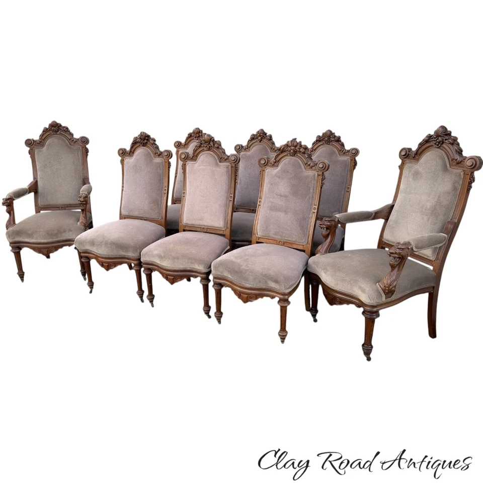 Antiguo juego de sillas de comedor renacentistas victorianas 8 cabezas de león talladas en nogal 1870 Foto 2 de 4